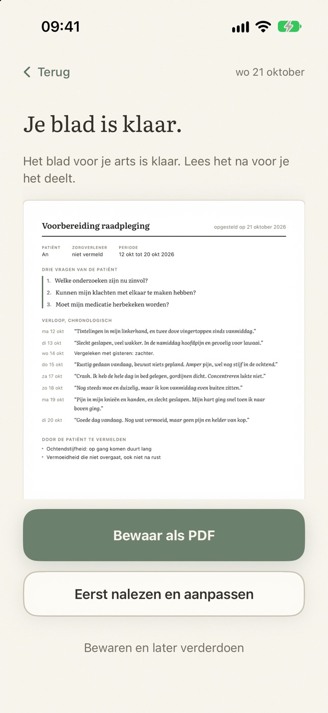 Je blad is klaar: het blad voor de arts met drie vragen bovenaan.